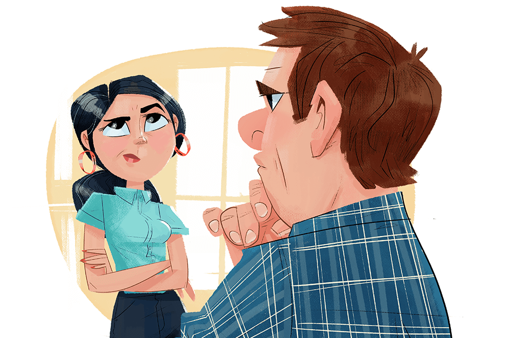 Illustrated cartoon man and woman standing in silence