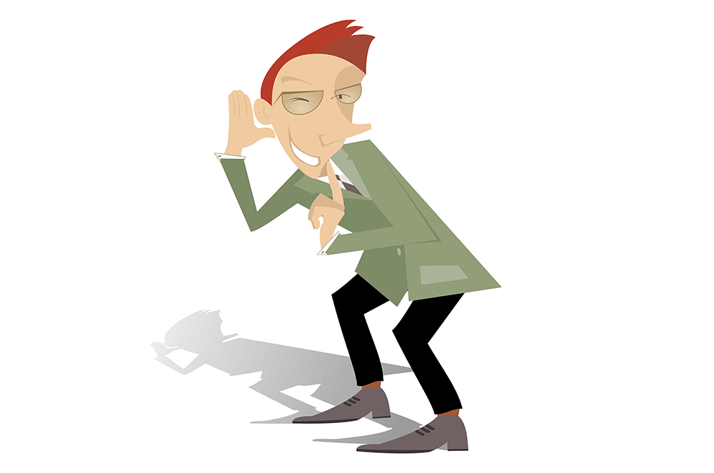 Cartoon man in green jacket eavesdropping