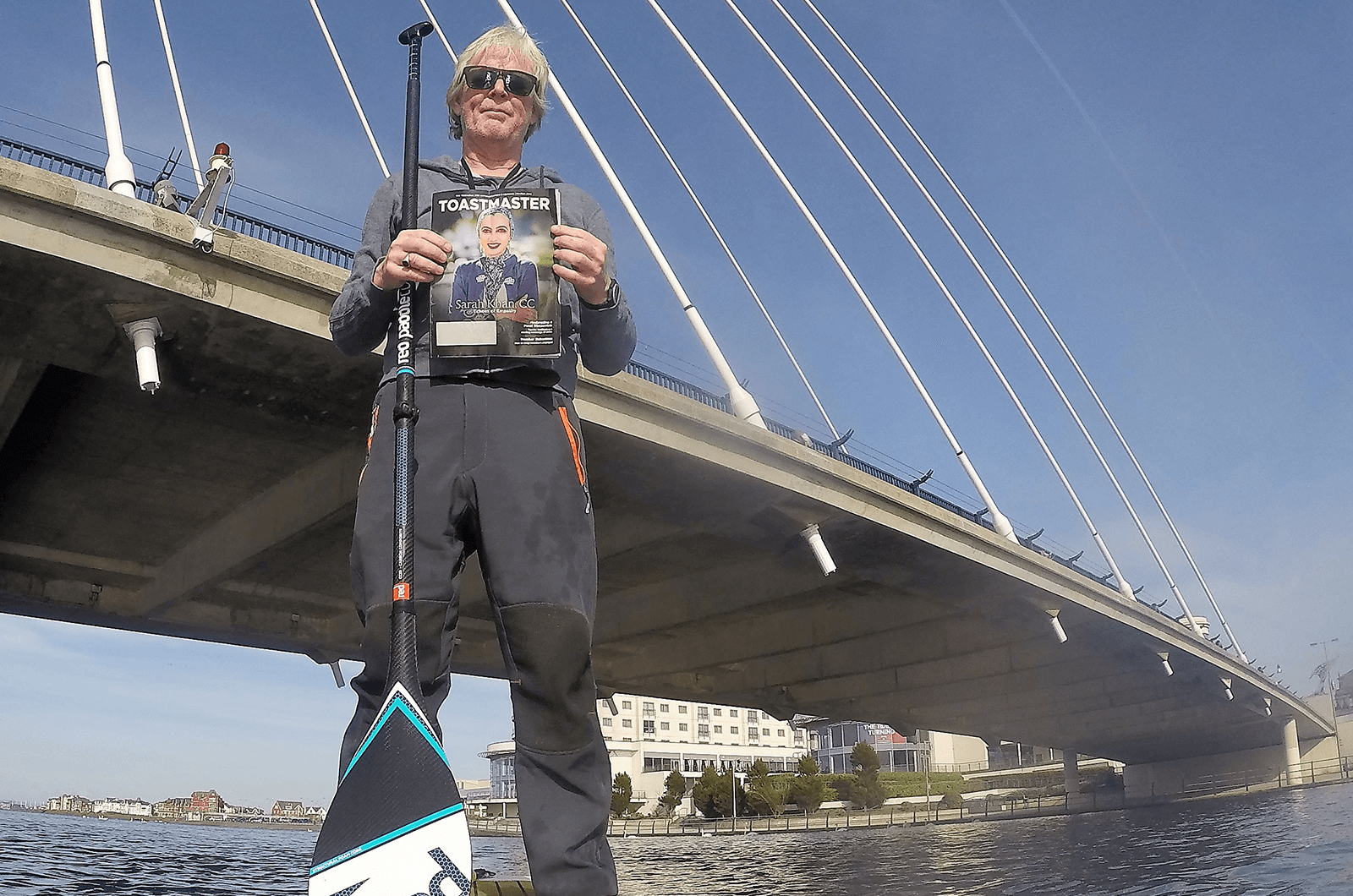 John McFadzean, CL, of Southport, Merseyside, England, balances on a paddleboard at Southport Marine Lake in Southport, England.