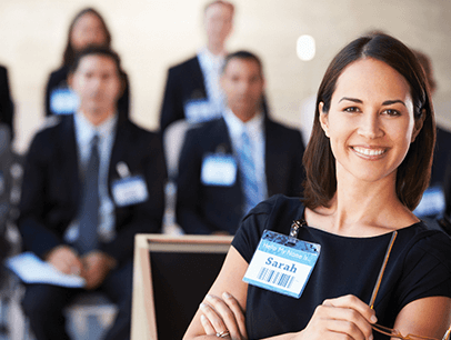 Woman wearing a name tag