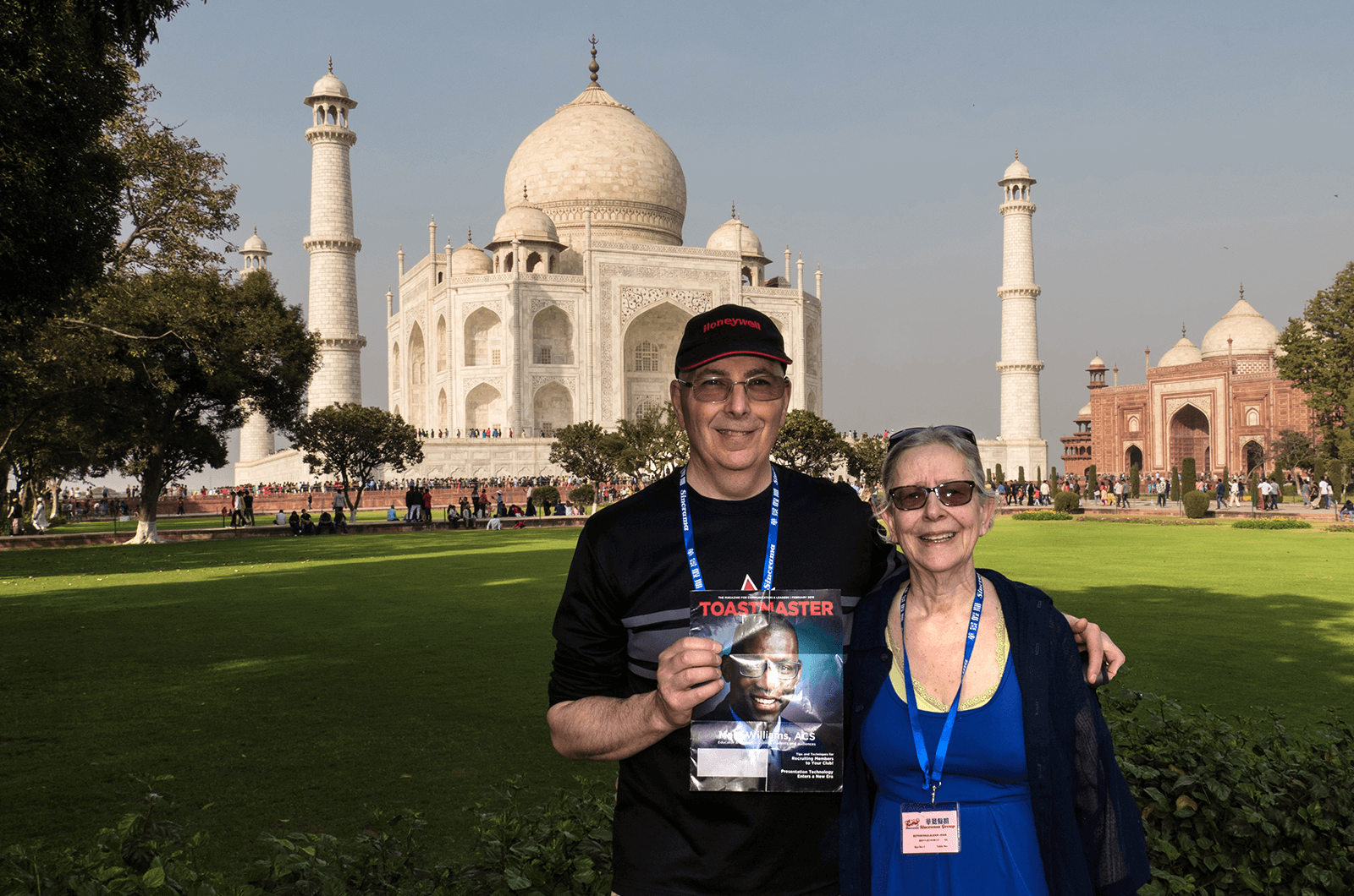 Alexis Rothschild CC, ALB, and Shawn Gold, DTM, from British Columbia, Canada, visit the Taj Mahal in Agra, India.