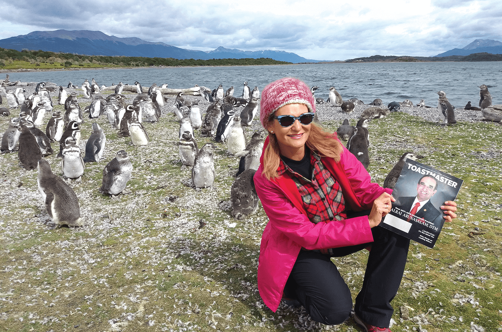 Penélope Serrano Serradilla, CC, ALB, from Gelves, Spain, visits a penguin colony on Martillo Island in the Beagle Channel in Tierra del Fuego, Argentina.