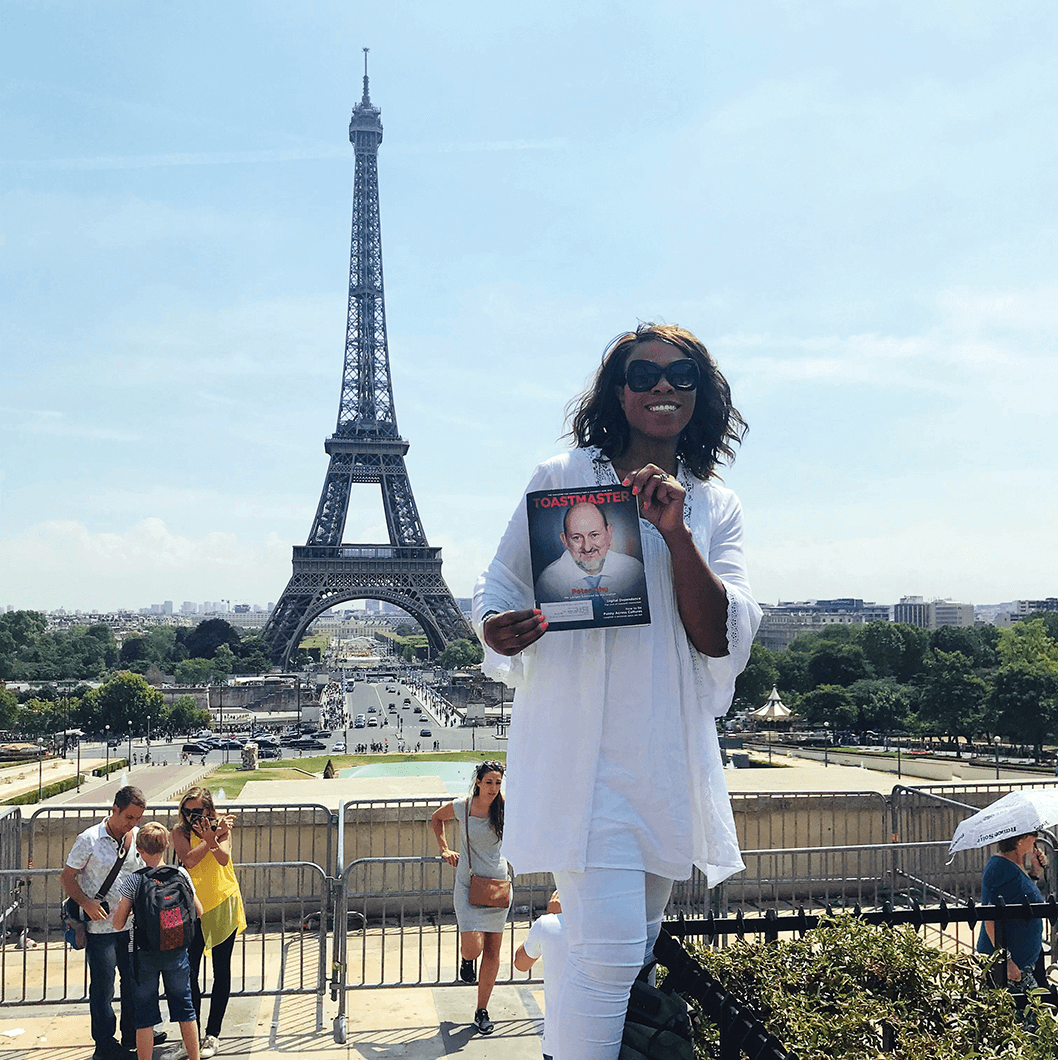 Adrian Jefferson Chofor, of Antioch, California, at the Eiffel Tower on the Champ de Mars in Paris, France.