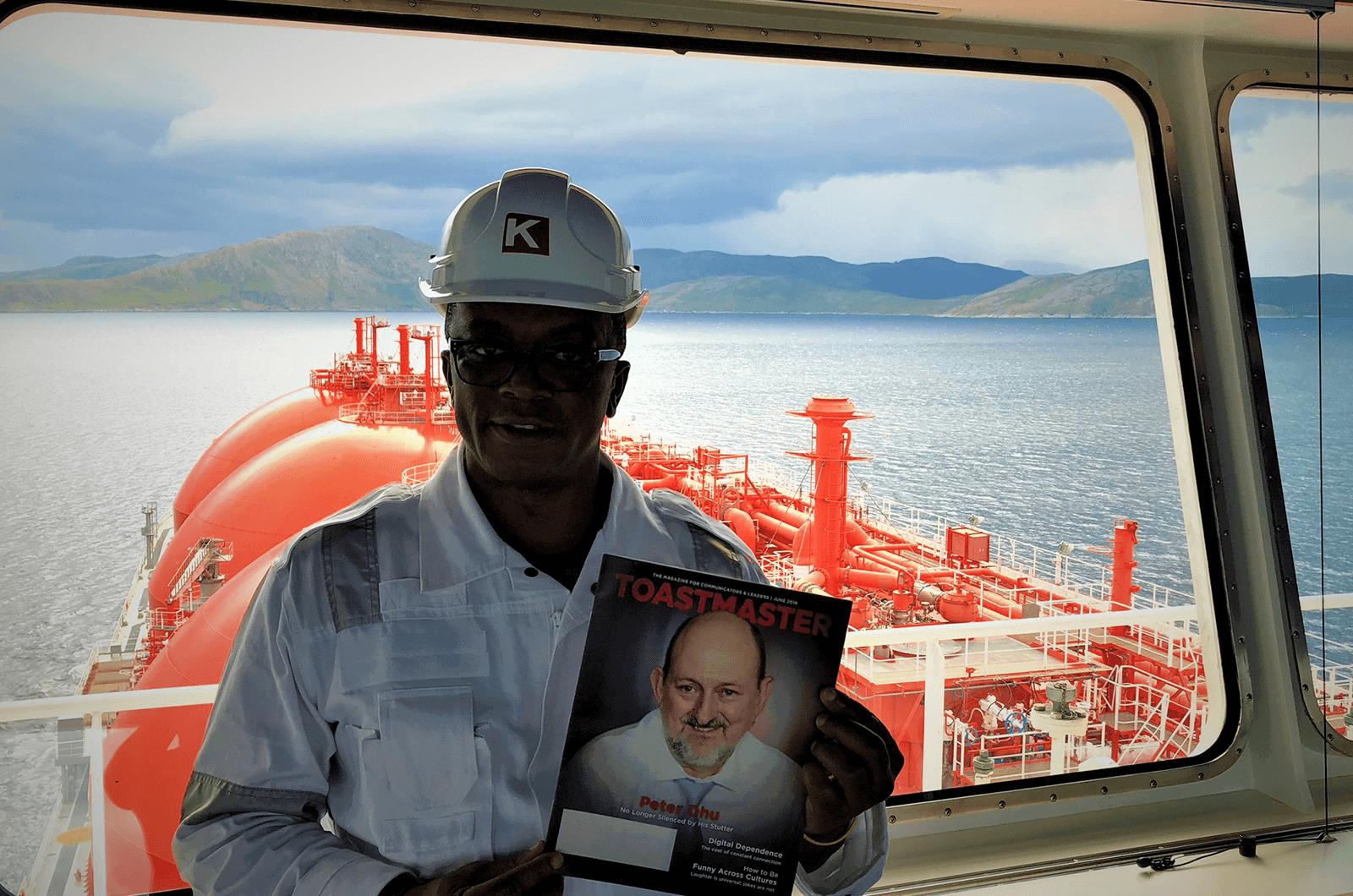 Ken Essien, ACS, ALB, of London, United Kingdom, works on a Liquified Natural Gas Tanker in the Norwegian Sea.