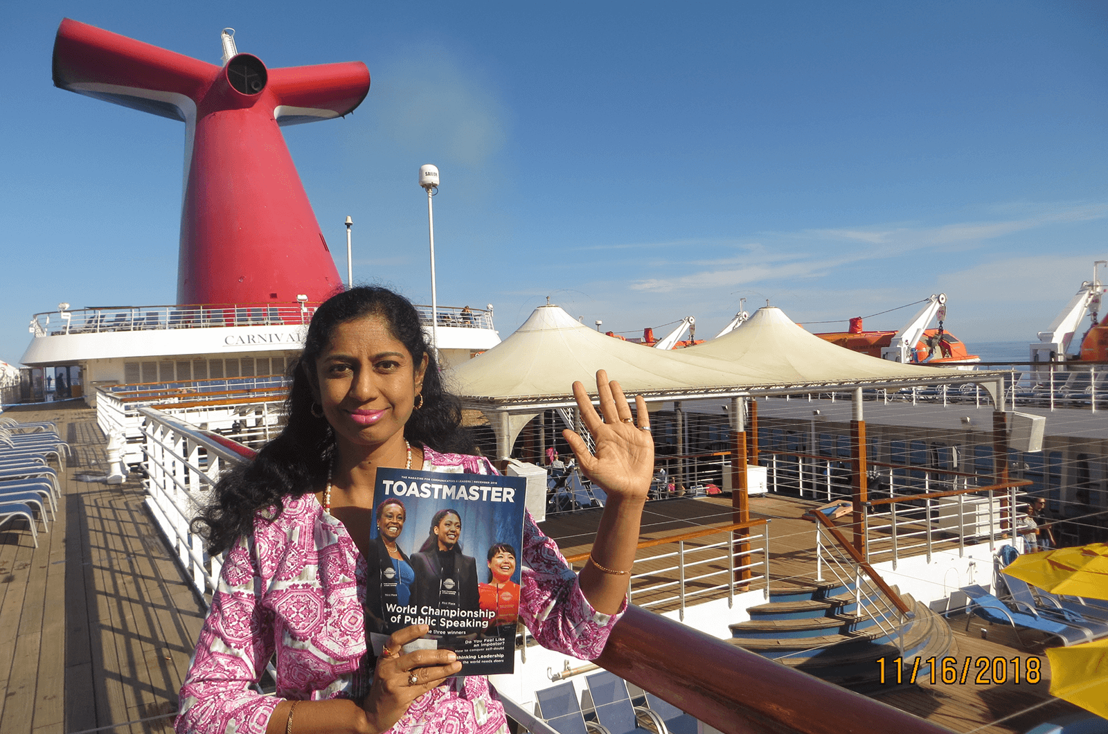 Vidhya Dhamodharan of Simi Valley, California, waves from the deck of a cruise ship on her trip to Mexico.