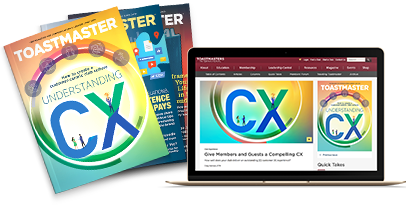 Toastmaster Magazine in print and online on laptop