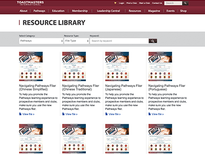 Resources Library webpage showing Navigating Pathways fliers in multiple languages