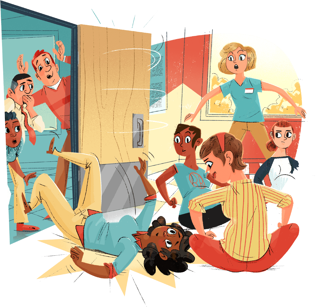Illustration of woman fall through door into room of expectant mothers