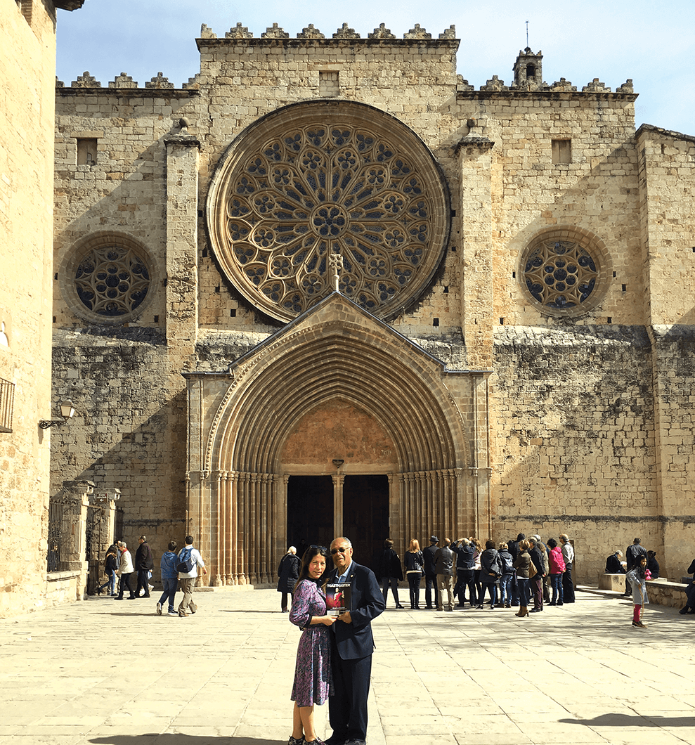 Clelia Ayala-White, DTM, and Paul White, DTM, of Washington D.C., celebrate their first wedding anniversary in Barcelona, Spain, after meeting through Toastmasters.