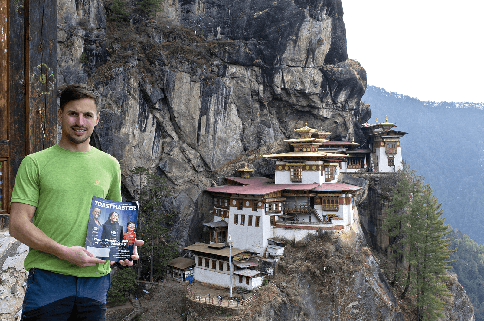 Jakub Kunat of Pardubice, Czech Republic, climbs to the Tiger’s Nest Monastery, a Buddhist sacred site in Bhutan.