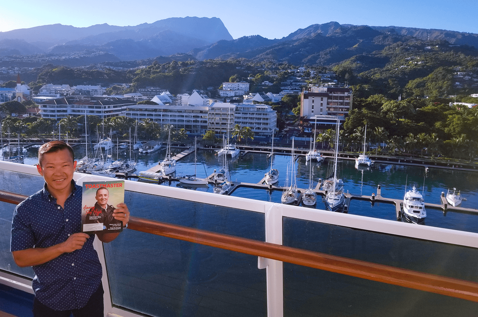 Reiner See of Boston, Massachusetts, U.S., looks over Papeete, Tahiti, from the deck of a ship cruising seven islands of French Polynesia in the South Pacific.