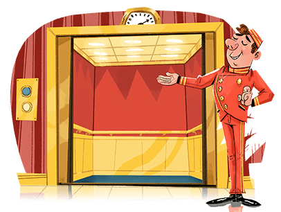 Cartoon of man standing at an elevator