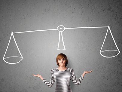 Woman with hands up trying to make a decision