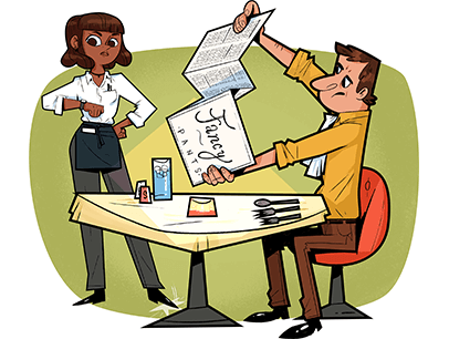 Illustration of cartoon man holding a restaurant menu
