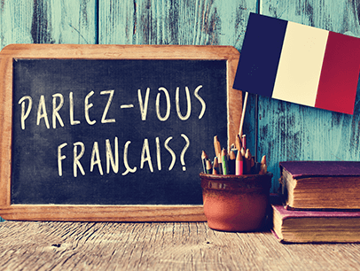 Chalkboard with French writing and flag from France