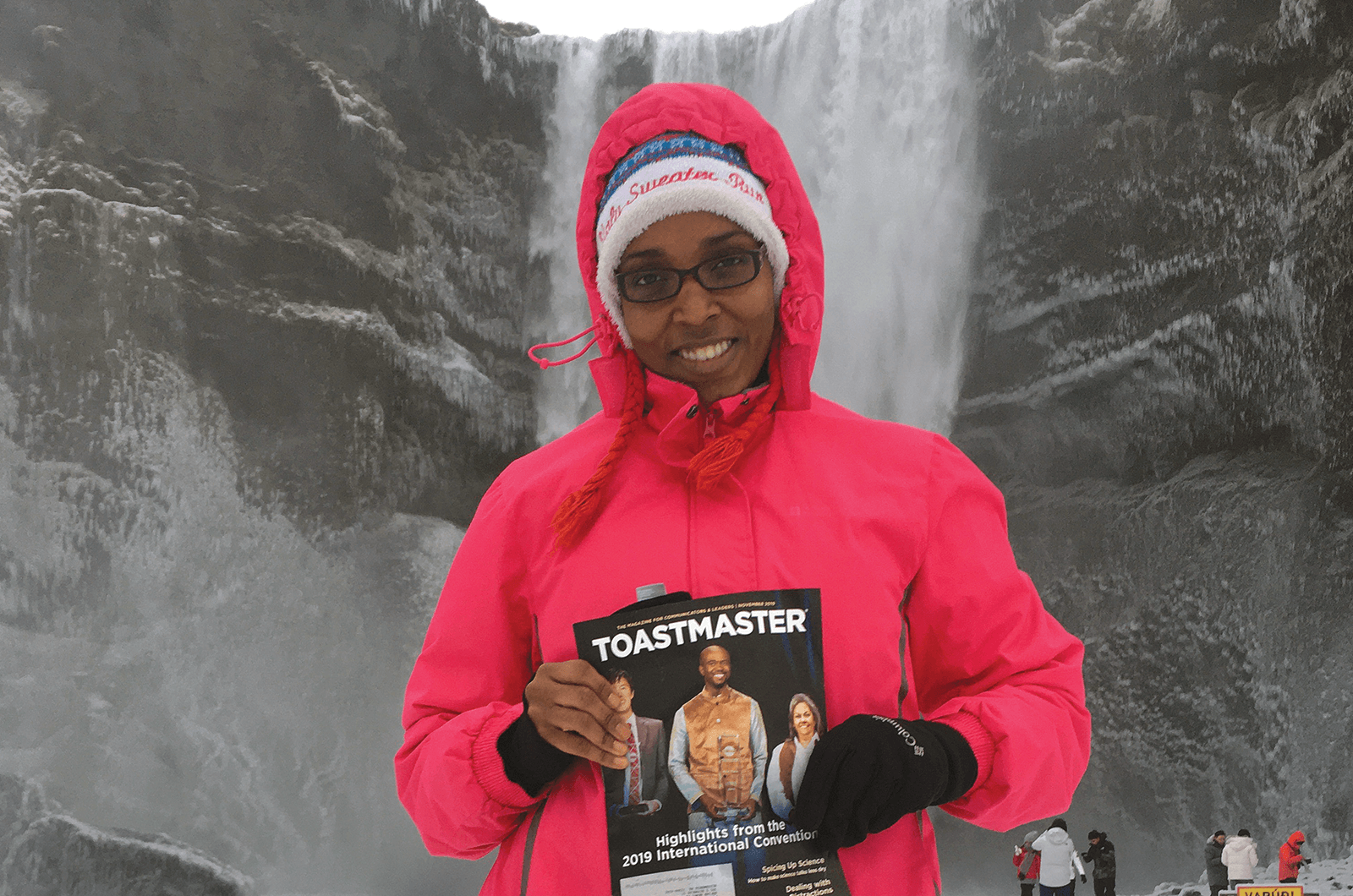 Dafina Edwards Wilson of Alexandria, Virginia, stands in front of Skógafoss Waterfall near Skógar, Iceland.