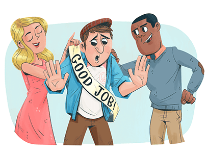 Cartoon illustration of man and woman complimenting other man