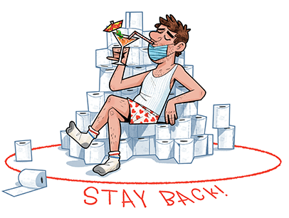 Illustration of man sitting on throne of toilet paper wearing a mask and drinking
