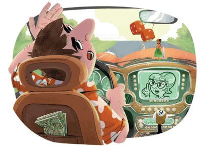 Illustration of man driving a car with GPS talking to him