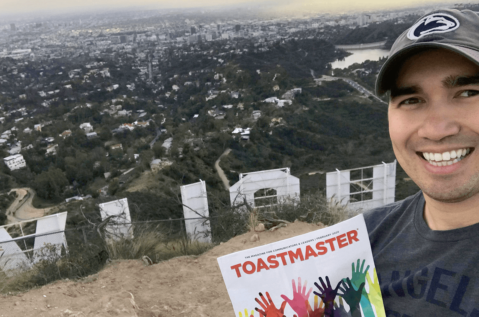 Keith Allen of La Palma, California, U.S., completes the hike to the top of the Hollywood sign in Los Angeles, California. The sign overlooks Hollywood and is located on Mount Lee in the Santa Monica Mountains.