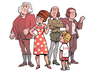 Illustration of a mother figure, son, and three historical figures