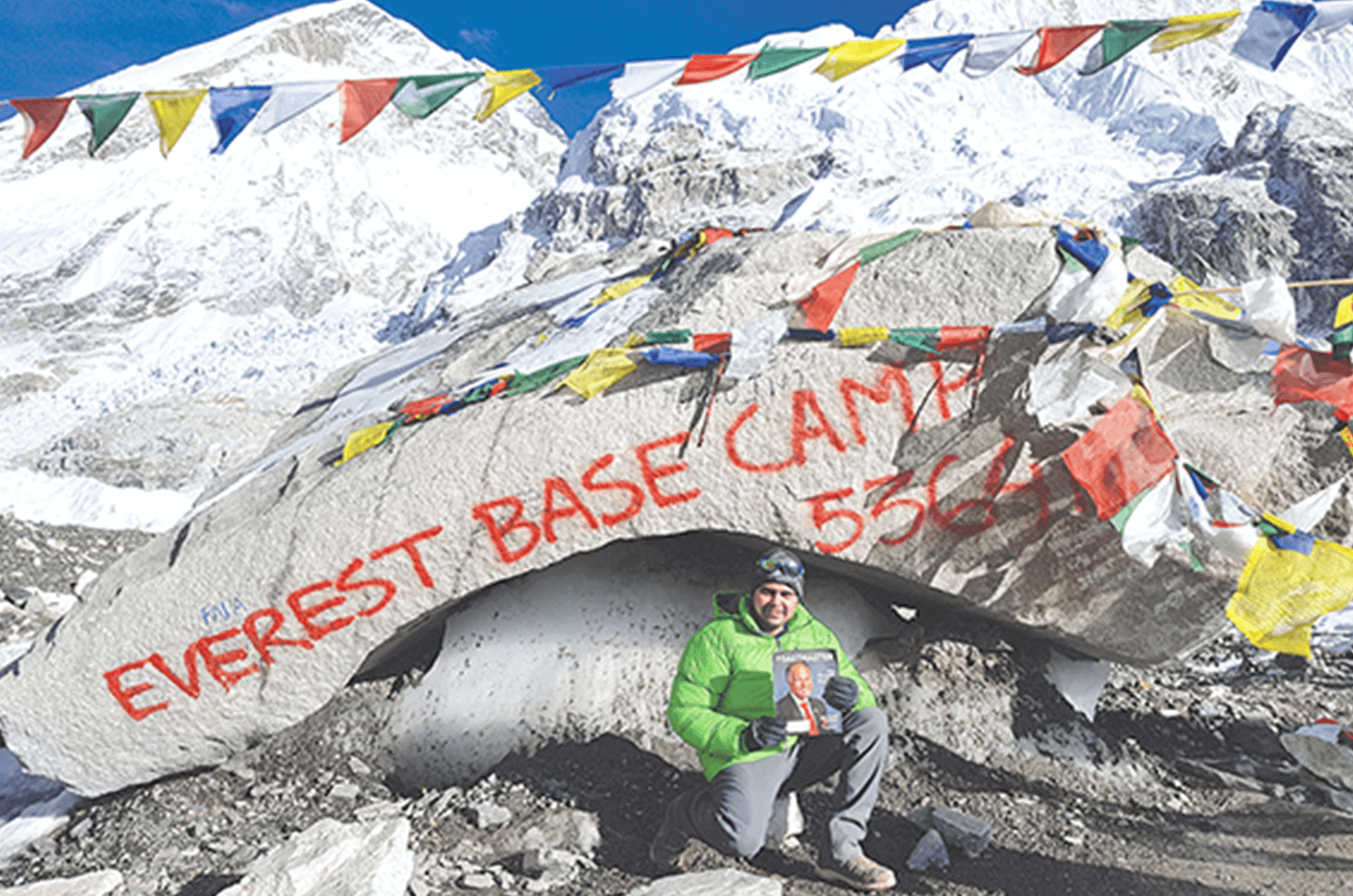 Anand Sharma of Mesaieed, Qatar, reaches the base camp of Mount Everest in Nepal—Earth’s highest mountain.