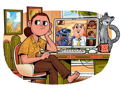 Illustration of someone on laptop looking at a man holding up his dog