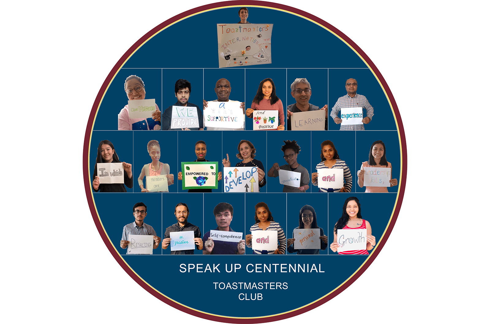 Circle with individual images of people holding up signs