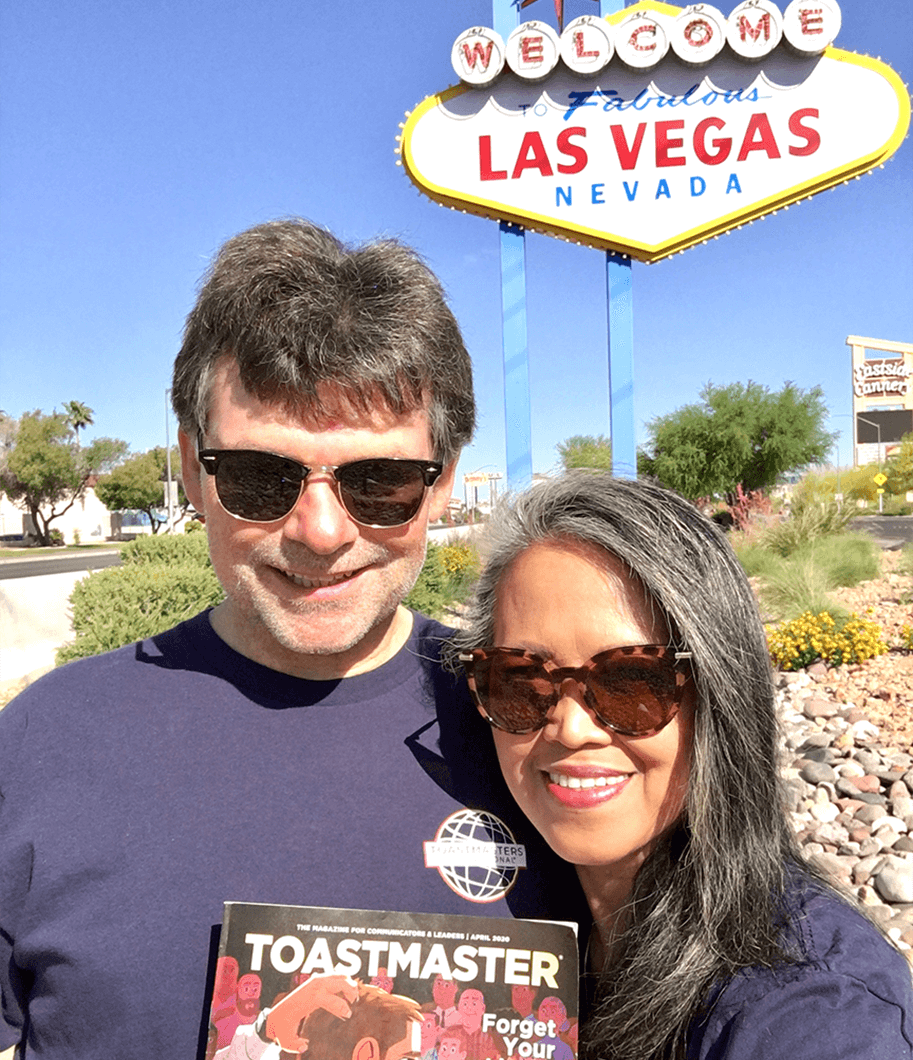 Curtis Helt, DTM, and Cristina Scoble, DTM, of Las Vegas, Nevada, didn’t travel far with their Toastmaster during the COVID-19 pandemic.