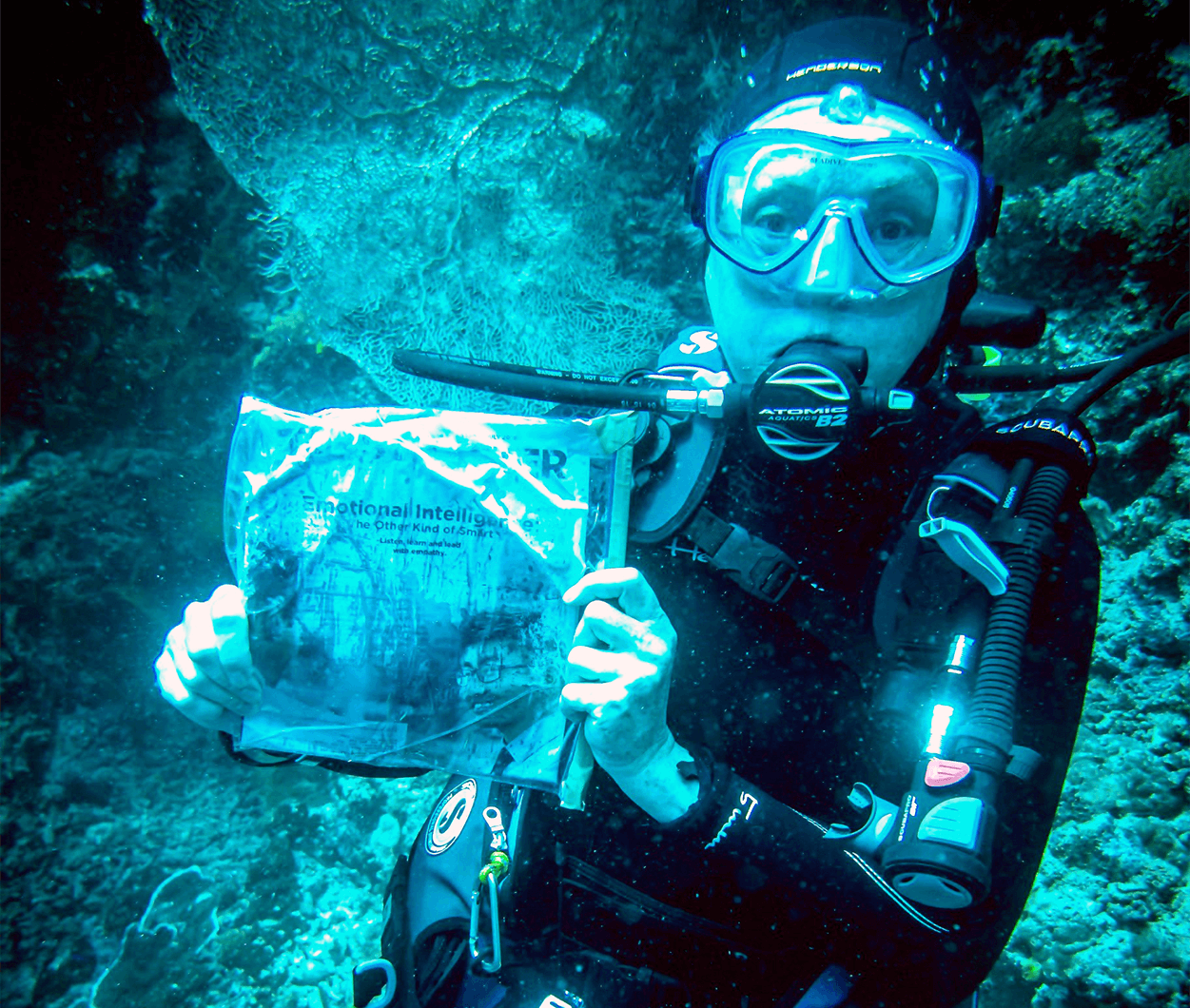 Linda Bialecki of New York, New York, scuba dives with her Toastmaster off the coast of the Raja Ampat islands in West Papua, Indonesia. The area is known for its rich marine biodiversity.