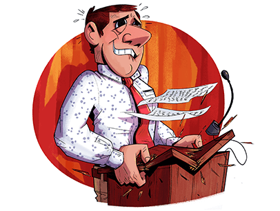Illustration of man nervous at lectern