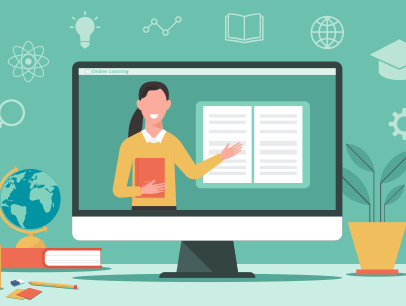 Cartoon female teacher coming out of laptop with books, globe, coffee, and plant surrounding