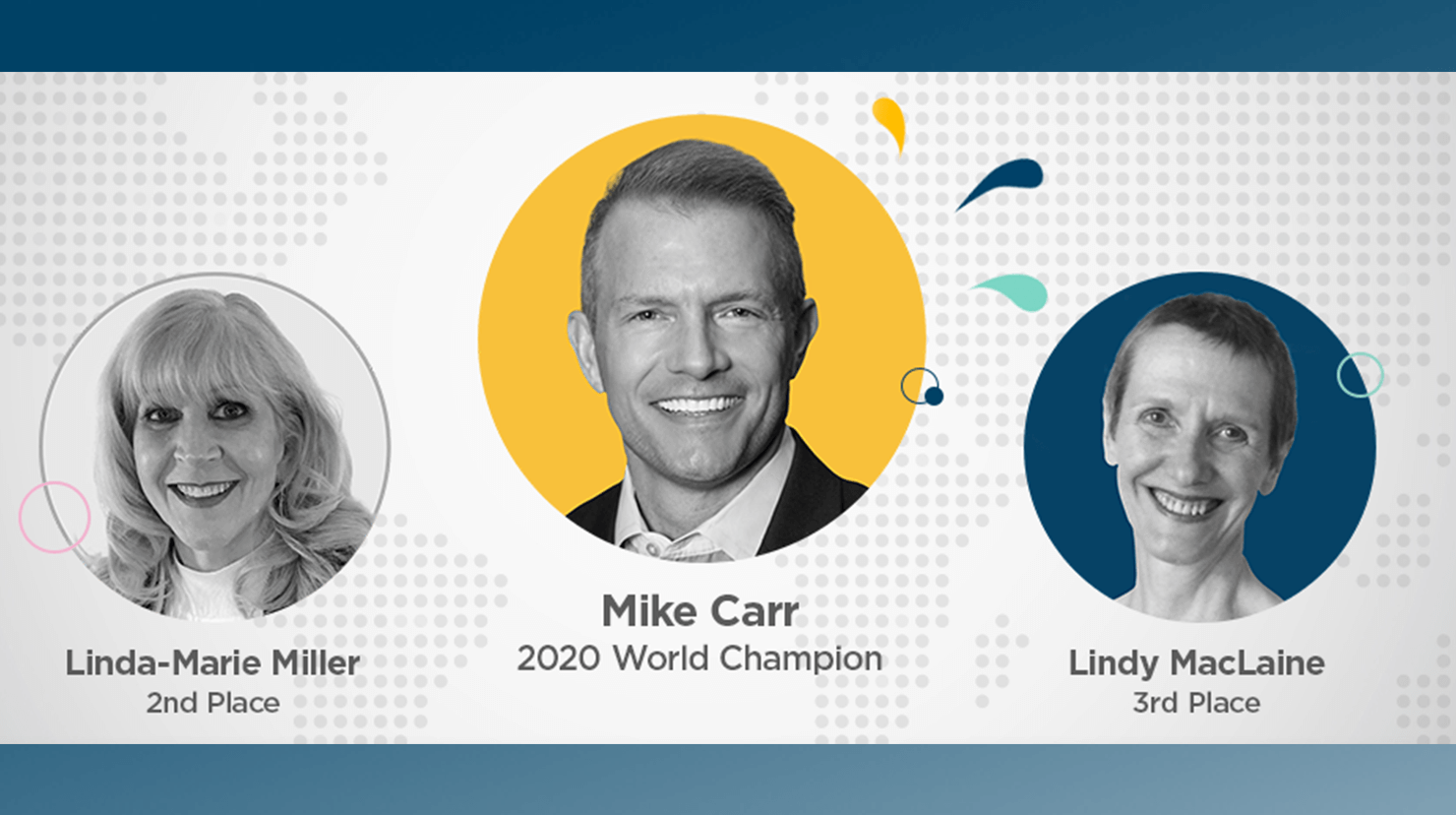 Mike Carr, Linda-Marie Miller and Lindy MacLaine headshots in graphic circles