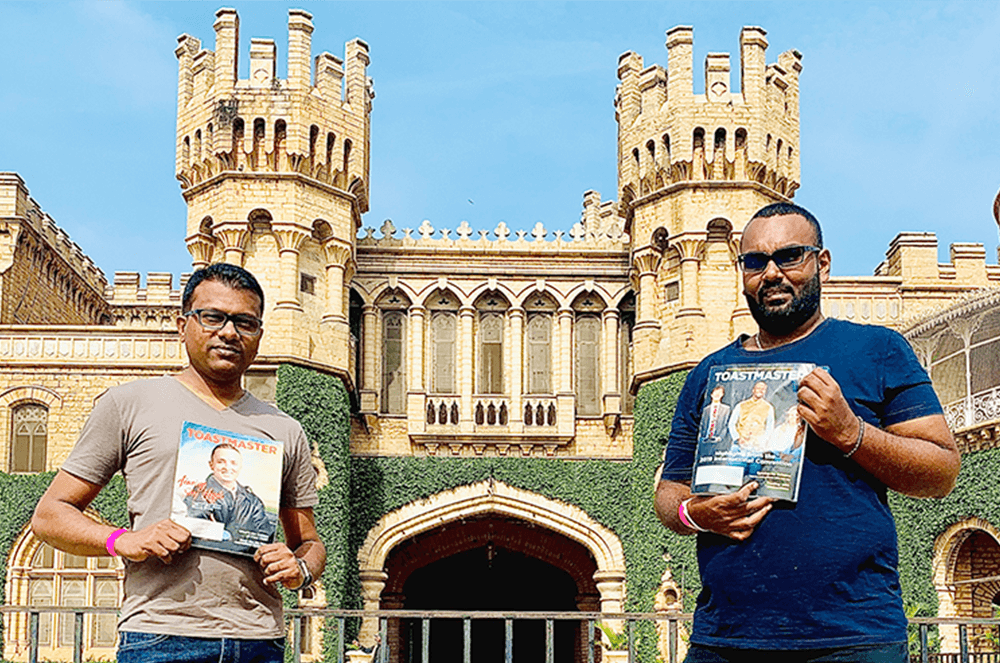 Chamil Madusanka (left) and Chirantha Sirikumara, of Veyangoda, Sri Lanka, visit Bangalore Palace—now one of the oldest colleges in India—in Bangalore, Karnataka, India, in December 2019.