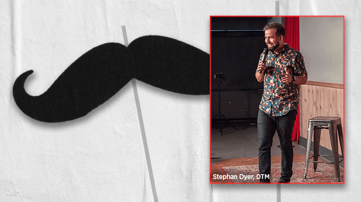 Comedians performing onstage and props on sides of photos