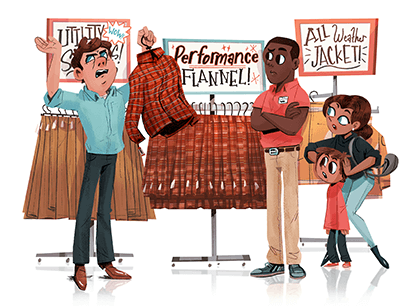 Illustration of man holding up flannel shirt