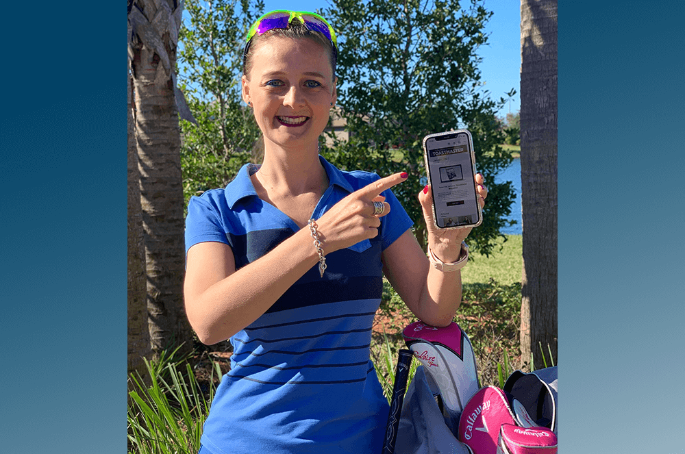 Blanka Gyorgy of Libertyville, Illinois, enjoys reading the online Toastmaster magazine before and after playing golf.