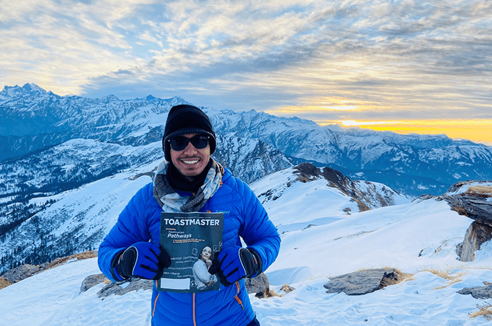 Ankit Dasgupta, DTM, of Navi Mumbai, Maharashtra, India, hikes to the peak of Kedarkantha Mountain in the Himalayas of India.