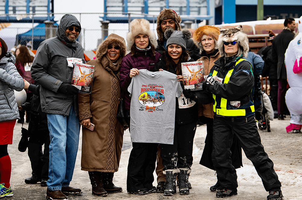Dimond Talkers Club officers of Anchorage, Alaska, attend the 2020 Fur Rendezvous Celebration in Anchorage. Since 1935, this winter festival has featured cultural and sporting activities, town events, and winter fun.