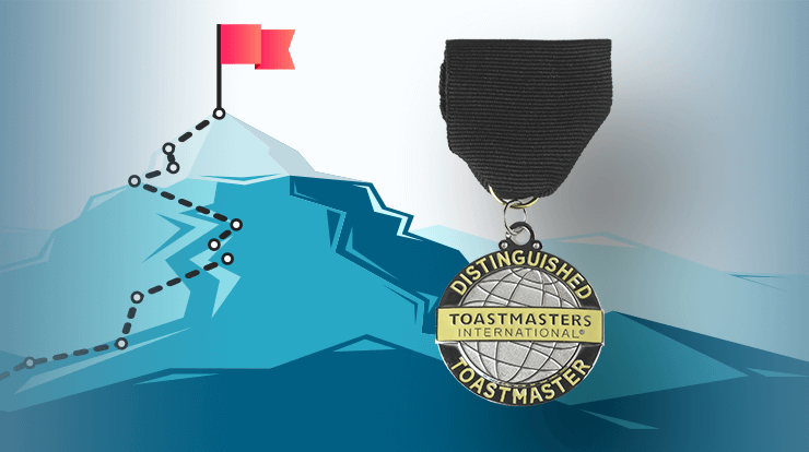 Illustrated mountain with path leading to flag with DTM medallion