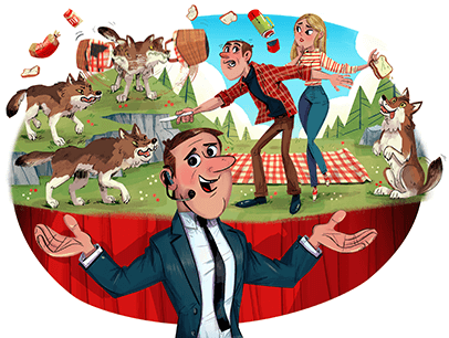 Illustration of man, wolves, and couple at picnic
