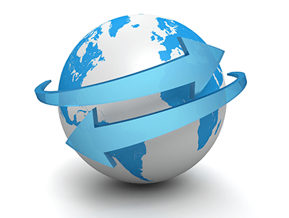 Blue and white globe with arrows around it