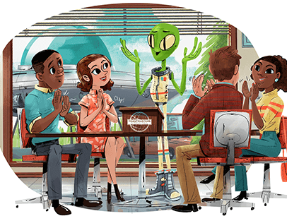 Illustration of alien speaking at lectern
