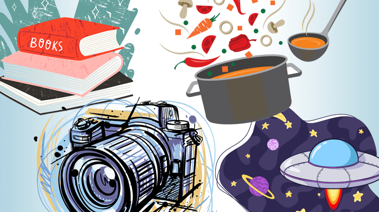 Small icons of books, cooking pot, camera, and outer space