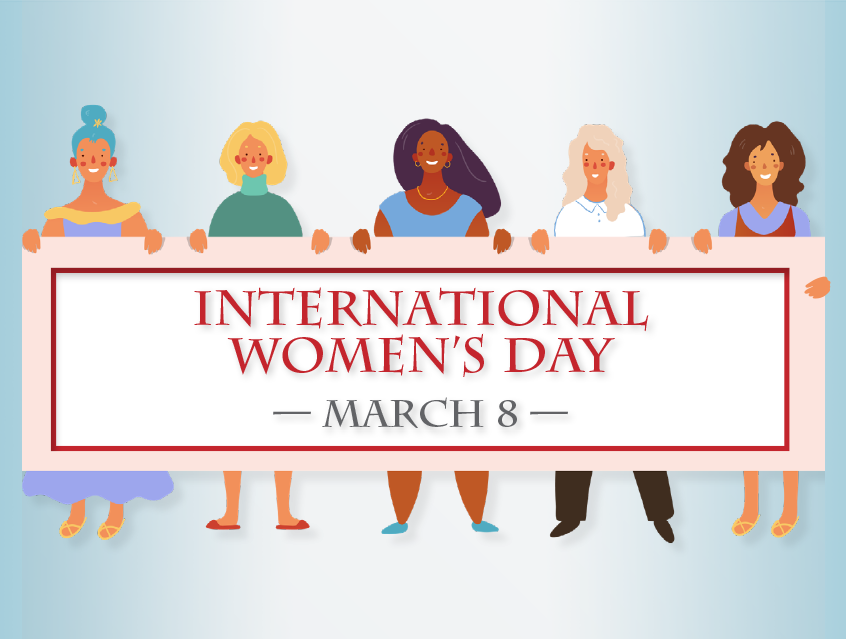 Cartoon women holding up banner