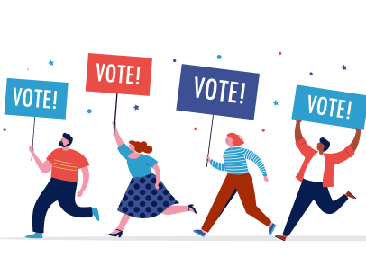 Cartoon people holding vote signs