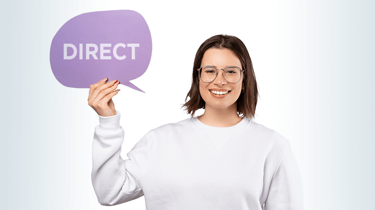 Woman in white sweatshirt holding purple bubble with the word direct