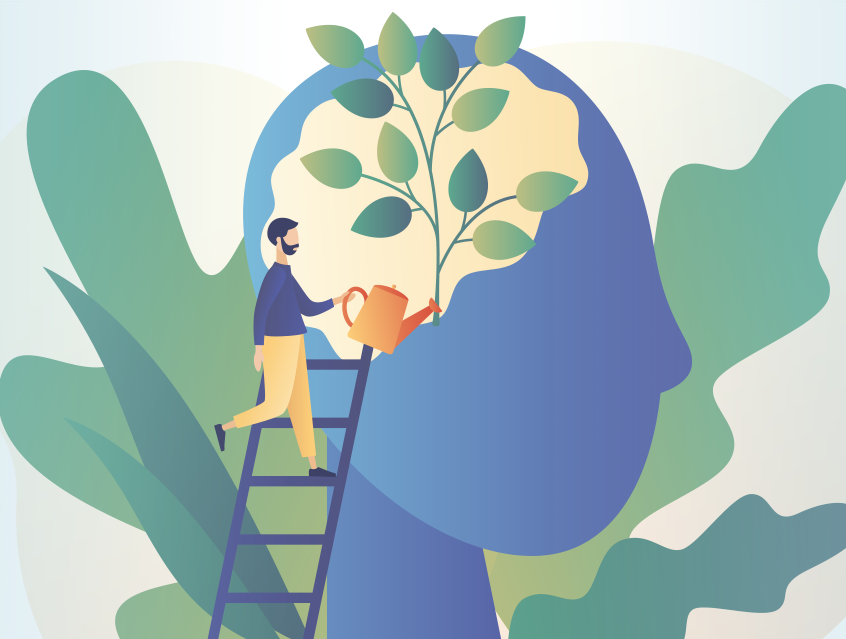Cartoon man using watering can on plant inside head